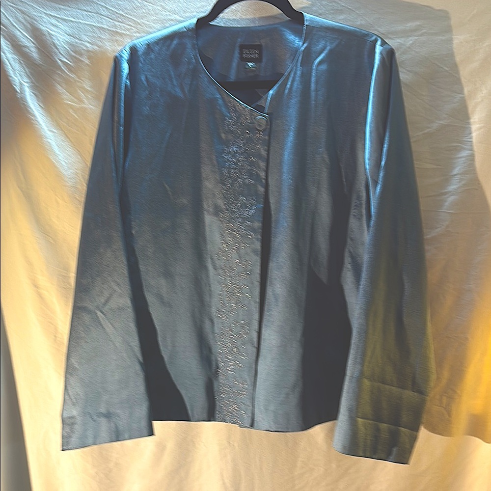 Eileen Fisher 100% Silk Shell Blue Blazer Classic Streamlined Design L